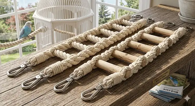 Hand-woven natural cotton rope ladders for bird cages featuring durable stainless steel hooks for secure mounting.