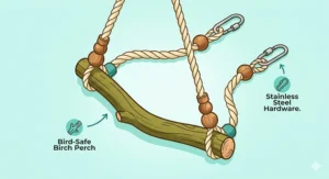 Diagram of non-toxic bird swings for cockatiels featuring Canadian-sourced kiln-dried pine and stainless steel hardware.