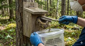 Illustration of a brush scrubbing the interior corners of a wooden nest box to remove debris and parasites.