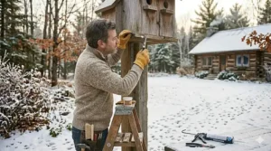 Tightly securing a birdhouse to a sturdy post to prevent wind damage during winter.