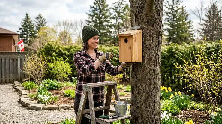 A person hanging a wooden birdhouse in a Canadian backyard to prepare for spring nesting. | Une personne installant un nichoir en bois dans une cour canadienne pour préparer la nidification printanièr