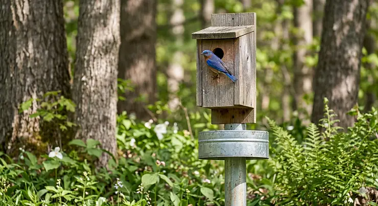 Detailed 4K illustration of a galvanized steel stovepipe baffle predator guard for a bluebird house pole to prevent climbing predators.