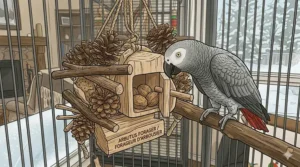 A small parrot playing with a tabletop food puzzle toy near fresh snacks in a Canadian kitchen.