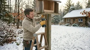 A birdhouse installed near a bird feeder to provide easy food access for winter residents.