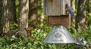 Photorealistic illustration of a wobbling baffle predator guard system destabilizing a climbing raccoon to protect a bluebird nest.
