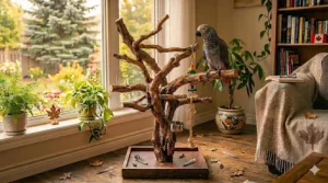 A vibrant Macaw enjoying its natural wood playground, featured alongside a 5-star review from a satisfied Canadian buyer.