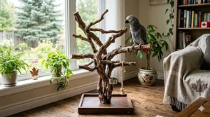 An infographic detailing how to identify authentic Java perches by checking wood density and natural branch variations for Canadian bird owners.