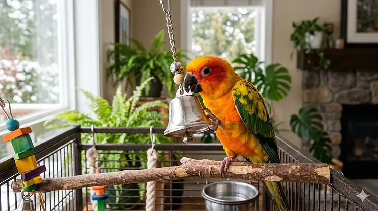A colorful Sun Conure playing with stainless steel bell toys for noisy birds in a sunlit Canadian living room.