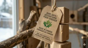 A photorealistic macro photograph of a sturdy wooden toy storage bin, labeled with a simple bilingual sticker "TOY BOX / BOÎTE À JOUETS". Inside, a diverse assortment of bird toys is neatly arranged: colorful cheap DIY shredded paper toys are mixed with robust premium Canadian maple wood blocks (similar to watermarked_img_13375282684163504410.png) and clear acrylic puzzles (similar to watermarked_img_16337342831328732880.png), showcasing a worthwhile balance.