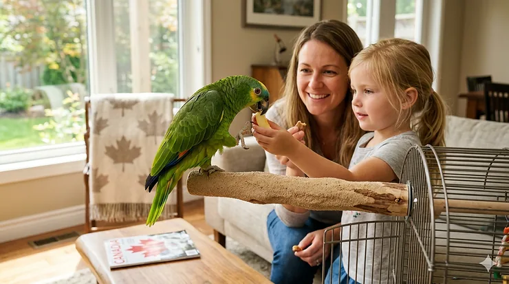 A vibrant pet parrot sitting on a textured grooming perch for nail trimming in a sunlit Canadian living room. pumice perch vs concrete perch