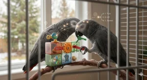 Close-up of bird toy packaging with English and French text, highlighting a bird toy with multiple activities.