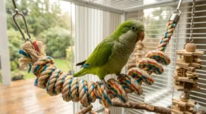 Illustration showing how a flexible bird bungee rope perch promotes foot health and agility for companion birds.
