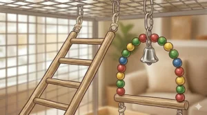 A photorealistic 4K image of a natural wooden bird ladder and matching beaded swing set for cockatiels and conures, shown inside a clean enclosure with soft, natural light.