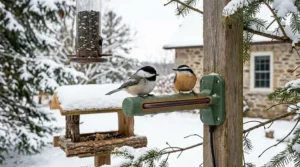 Two small birds shivering on a frost-covered tree branch during a harsh winter in Ontario, Canada.