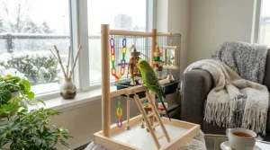 Illustration of a budgie searching for treats in a hanging seagrass mat, a popular foraging toy for budgies available in Canadian pet stores.