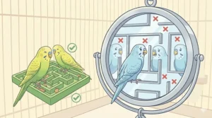 A conceptual illustration showing a blue budgie distressed and trapped inside a mirror maze of its own multiple reflections, visualizing the psychological impact of mirror obsession.
