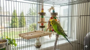 Illustration of a budgie interacting with a bell-mounted mirror toy, showcasing classic toys for budgies that encourage vocalization.