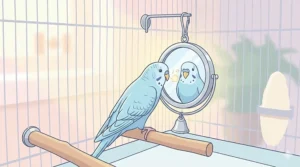 A side-profile illustration of an inquisitive budgie (perruche) looking at its identical sharp reflection in a silver-framed mirror toy.