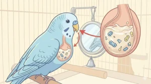 An anatomical cross-section vector illustration of a budgie's crop showing a viscous substance with illustrated bacteria floating, indicating infection risk from constant mirror feeding attempts.