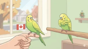 A vector illustration of a human hand extended with a green budgie stepping onto a finger, while another budgie grooms nearby, showcasing healthy, safe interaction in a Canadian living room.