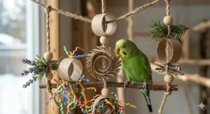 A photorealistic close-up photograph of a low-quality, cheap plastic bird toy made of brittle red and yellow segments, showing dangerous cracked, jagged edges and a weak, bent wire clip that has failed, illustrating significant safety hazards that may not be worth it.