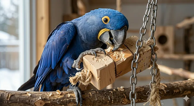 A photorealistic side-by-side comparison of a colorful, budget-friendly DIY paper shredder toy (left) and a durable, premium hardwood and stainless steel foraging tower (right). An inquisitive Cockatiel stands on a wooden perch between them, deciding which is worth it. The natural light highlights feather details and wood grain within a warm Canadian home setting. cost-effective bird enrichment