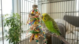 Illustration of safe household items like cardboard and paper being turned into DIY toys for budgies, a budget-friendly Canadian pet care tip.