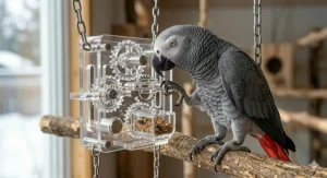 A photorealistic macro photograph of a Hyacinth Macaw holding a premium, complex bird toy constructed of geometric Canadian maple and birch blocks with heavy-duty stainless steel chains. The blocks show deep beak marks and scuffs from heavy use, proving the durability and long-term worth of expensive bird toys for powerful chewers.