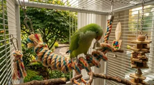 An eco-friendly themed graphic featuring a Canadian maple leaf emblem next to sustainable rope perches for bird bungee rope perch accessories.