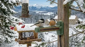 Illustration of a winter bird feeding station in a snowy Quebec backyard featuring heated perches for winter wild birds (perchoirs chauffants pour l'hiver).