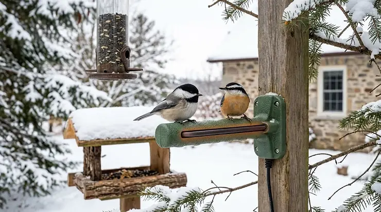 A small songbird resting comfortably on a heated perch during a snowy Canadian winter, keeping its feet warm.
