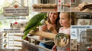 A step-by-step diagram showing how to safely install grooming perches for nail trimming inside a birdcage.
