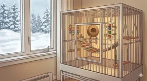 A photorealistic 4K image of a large, complex indoor bird enrichment aviary filled with toys, with soft natural light highlighting textures. The background window shows a snowy Canadian winter landscape, emphasizing indoor stimulation.