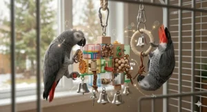 A large wooden bird gym providing a bird toy with multiple activities to keep pets active during Canadian winters.