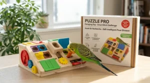 A cozy indoor scene showing a budgie on a multi-level activity center, highlighting enrichment toys for budgies during Canadian winters.