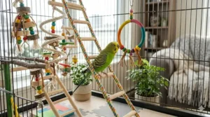An interactive puzzle toy for birds with packaging showing bilingual English and French labels, perfect for budgie owners across Canada.