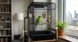 Illustration of a parrot engaged with musical bell toys for noisy birds to prevent boredom and feather picking.