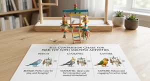 Illustration showing the cognitive benefits of a bird toy with multiple activities for bored indoor birds.