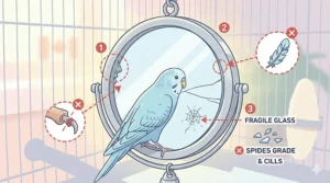 An educational infographic illustrating red 'danger' lines pointing to sharp metal edges and fragile glass on a mirror toy suitable for budgies.