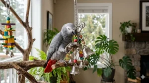 A variety pack of colorful hanging bell toys for noisy birds, including budgies and lovebirds.