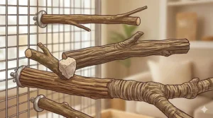 A variety of Canadian-sourced natural wood perches and swings that double as foot-healthy toys for cockatiels.