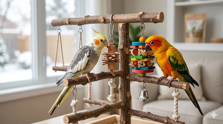 Photorealistic close-up of a colorful parrot enrichment foraging toy featuring natural wood and fiber textures, designed for avian mental stimulation in Canada. indestructible toys for macaws