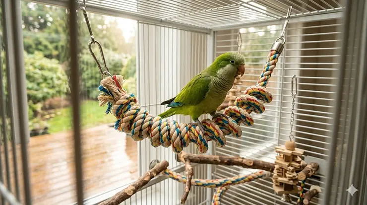 A vibrant green Quaker parrot balancing on colorful rope perches for bird bungee rope perch inside a cozy Canadian home.