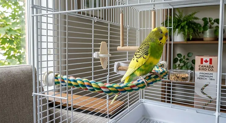 A colorful budgie sitting on flexible rope perches for bird cages, a popular pet bird accessory in Canadian homes / perchoir en corde pour cage d'oiseau.