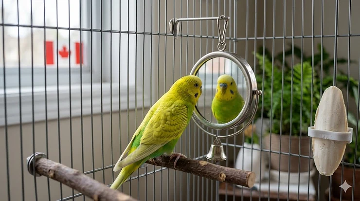 A colorful budgie interacting with a stainless-steel mirror toy in a cage with natural lighting in a Canadian home. (Perruche avec jouet miroir sécuritaire au Canada.) mirror toys for budgies safe or not