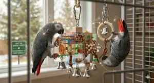Eco-friendly shredding bird toy with multiple activities like bell ringing and wood chewing for medium-sized birds.
