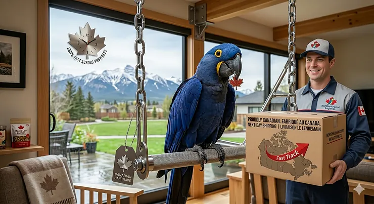 A large Macaw perched on a sturdy stainless steel swing for heavy parrots in a Canadian living room.
