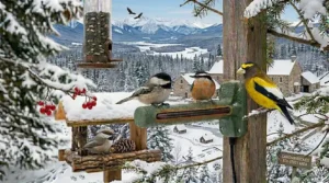 Illustration of a heavy-duty, weather-resistant heated bird perch enduring a heavy Canadian snowstorm and freezing rain.