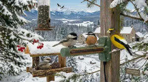 A vibrant backyard scene in Canada with multiple bird species safely gathered around food, water, and heated perches for winter survival.