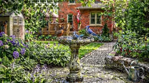 Rustic copper-finish pedestal bird bath with weather-resistant coating.